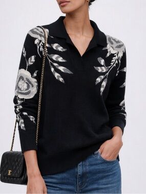 Happy Sheep Wool Cashmere Floral Knit Sweater Polo Collar Italian Design S